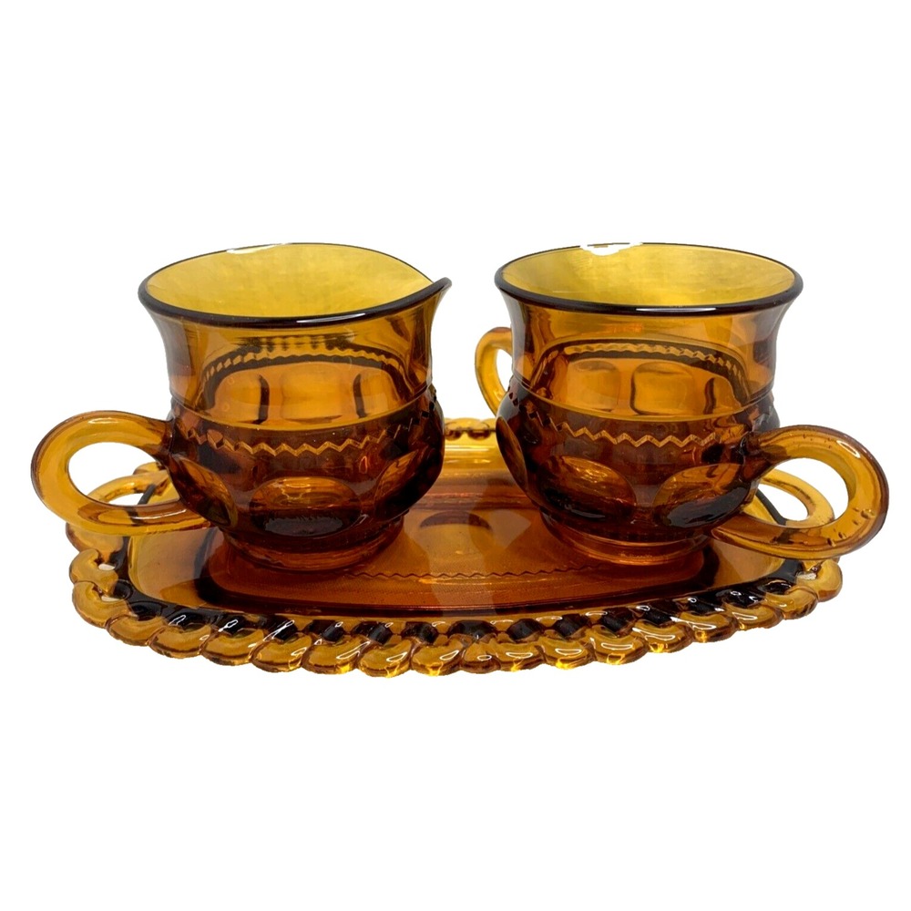 Indiana Sugar Creamer Tray Set Amber Glass Kings Crown 3 Piece SM CHIP Vintage